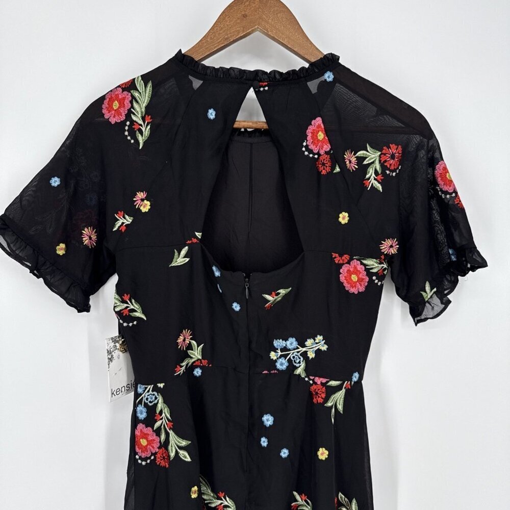 New Kensie Womens Size 2 Black Floral Embroidered Chiffon Back Cutout Dress - Picture 9 of 14